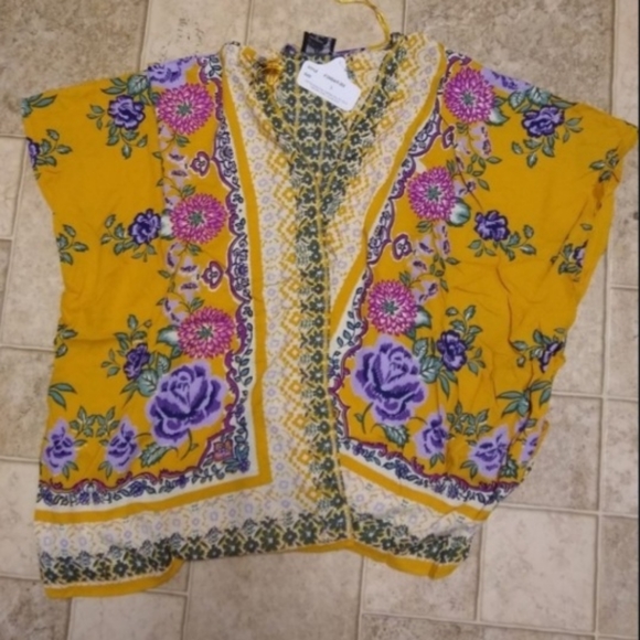 ShortSleeve Purple FloralPrint OpenFont WovenKimono Cardigan Golden - Picture 7 of 16